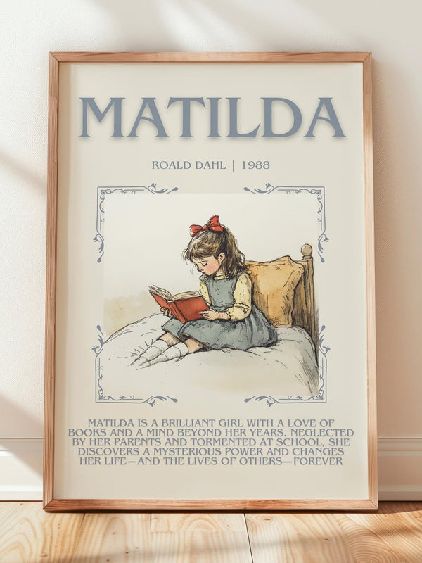 Matilda minimalist print in frame leaning in hallway – childrens wall art