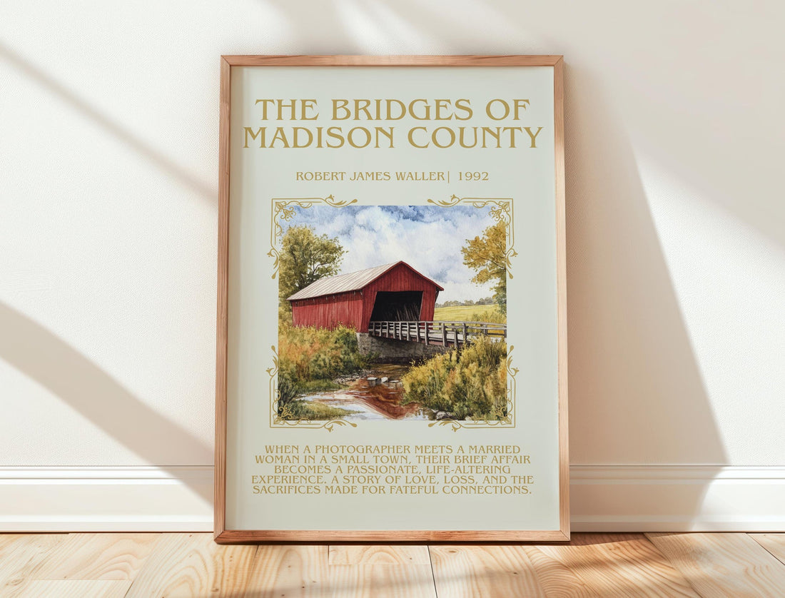 The Bridges of Madison County minimalist print in frame leaning in hallway – romance wall art (mockup)