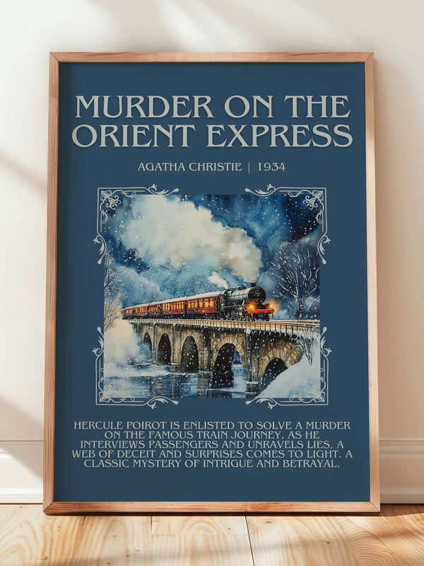 Murder On The Orient Express minimalist print in frame leaning in hallway – mystery wall art