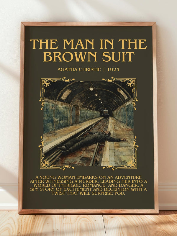 The Man in the Brown Suit minimalist print in frame leaning in hallway – mystery wall art