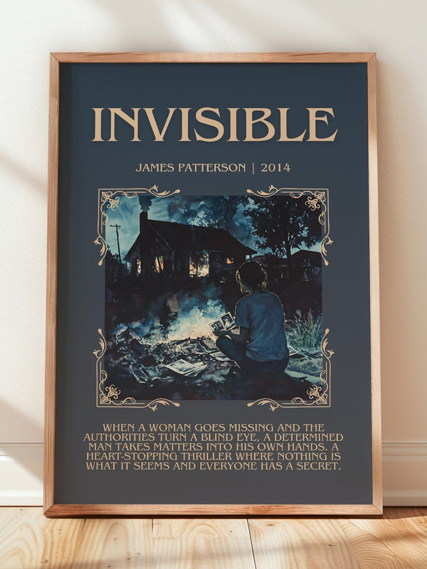 Invisible minimalist print in frame leaning in hallway – thriller wall art