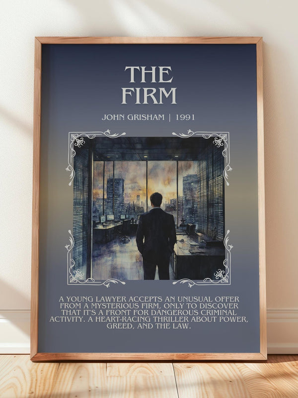 The Firm minimalist print in frame leaning in hallway – thriller wall art