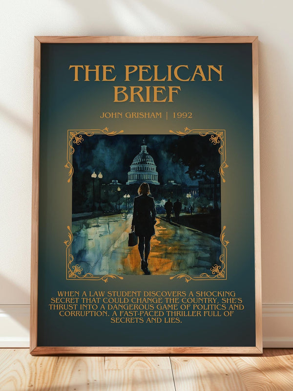 The Pelican Brief minimalist print in frame leaning in hallway – thriller wall art