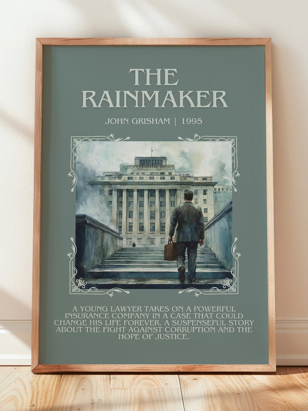 The Rainmaker minimalist print in frame leaning in hallway – thriller wall art