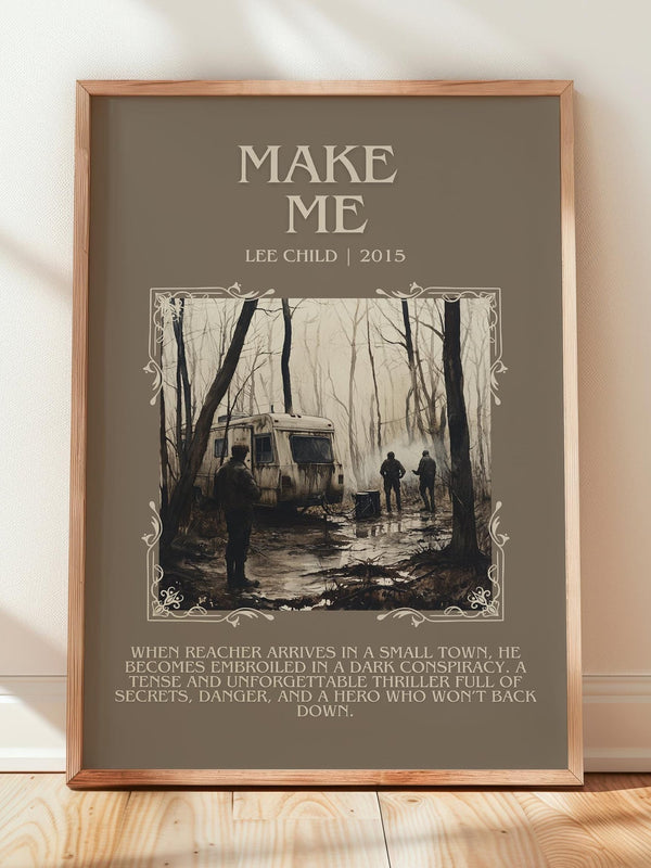 Make Me minimalist print in frame leaning in hallway – thriller wall art