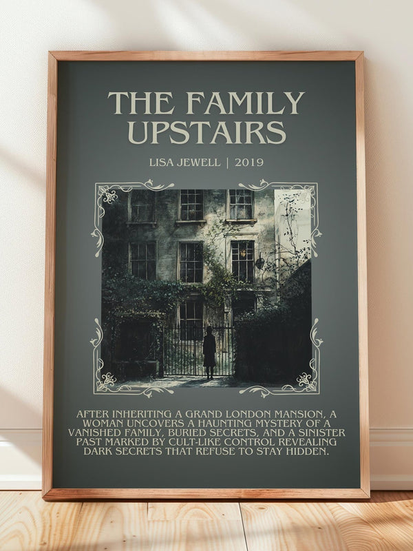 The Family Upstairs minimalist print in frame leaning in hallway – thriller wall art