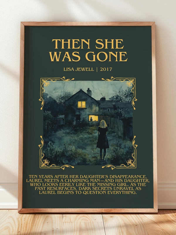 Then She Was Gone minimalist print in frame leaning in hallway – thriller wall art