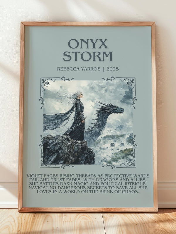 Onyx Storm minimalist print in frame leaning in hallway – fantasy wall art