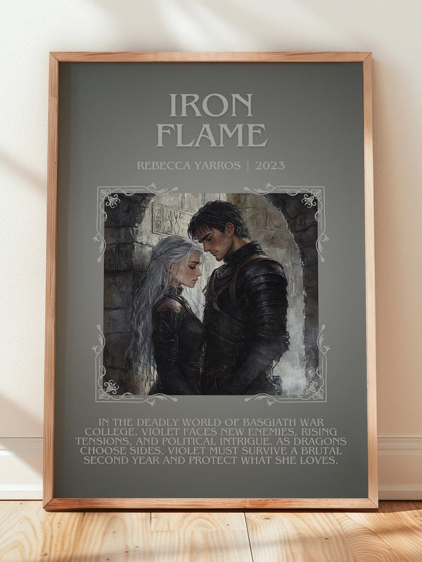 Iron Flame minimalist print in frame leaning in hallway – fantasy wall art