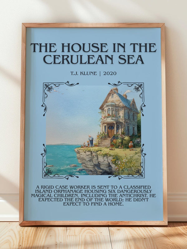 The House in the Cerulean Sea minimalist print in frame leaning in hallway – satire wall art