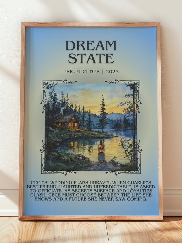 Dream State minimalist print in frame leaning in hallway – historical fiction wall art
