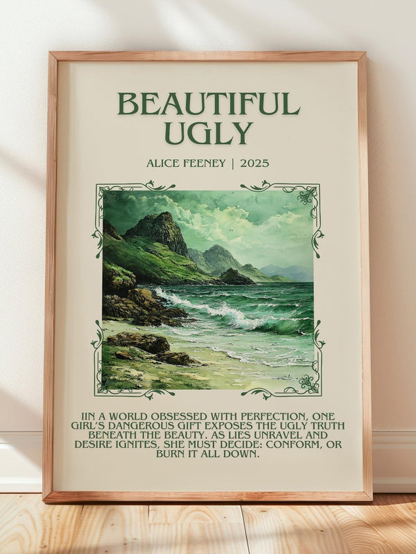 Beautiful Ugly minimalist print in frame leaning in hallway – thriller wall art