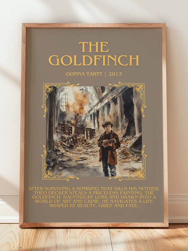 The Goldfinch minimalist print in frame leaning in hallway – coming of age wall art