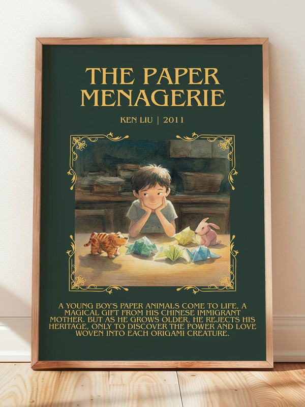 The Paper Menagerie minimalist print in frame leaning in hallway – fantasy wall art