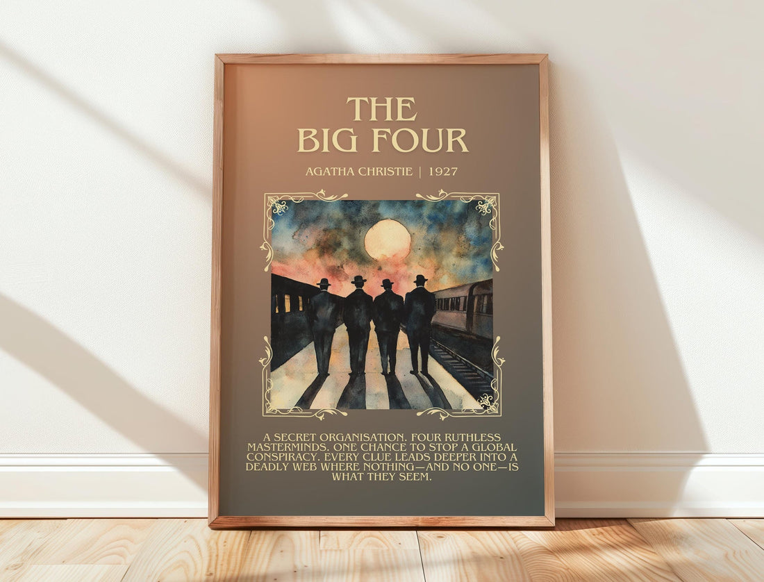 The Big Four minimalist print in frame leaning in hallway – mystery wall art (mockup)
