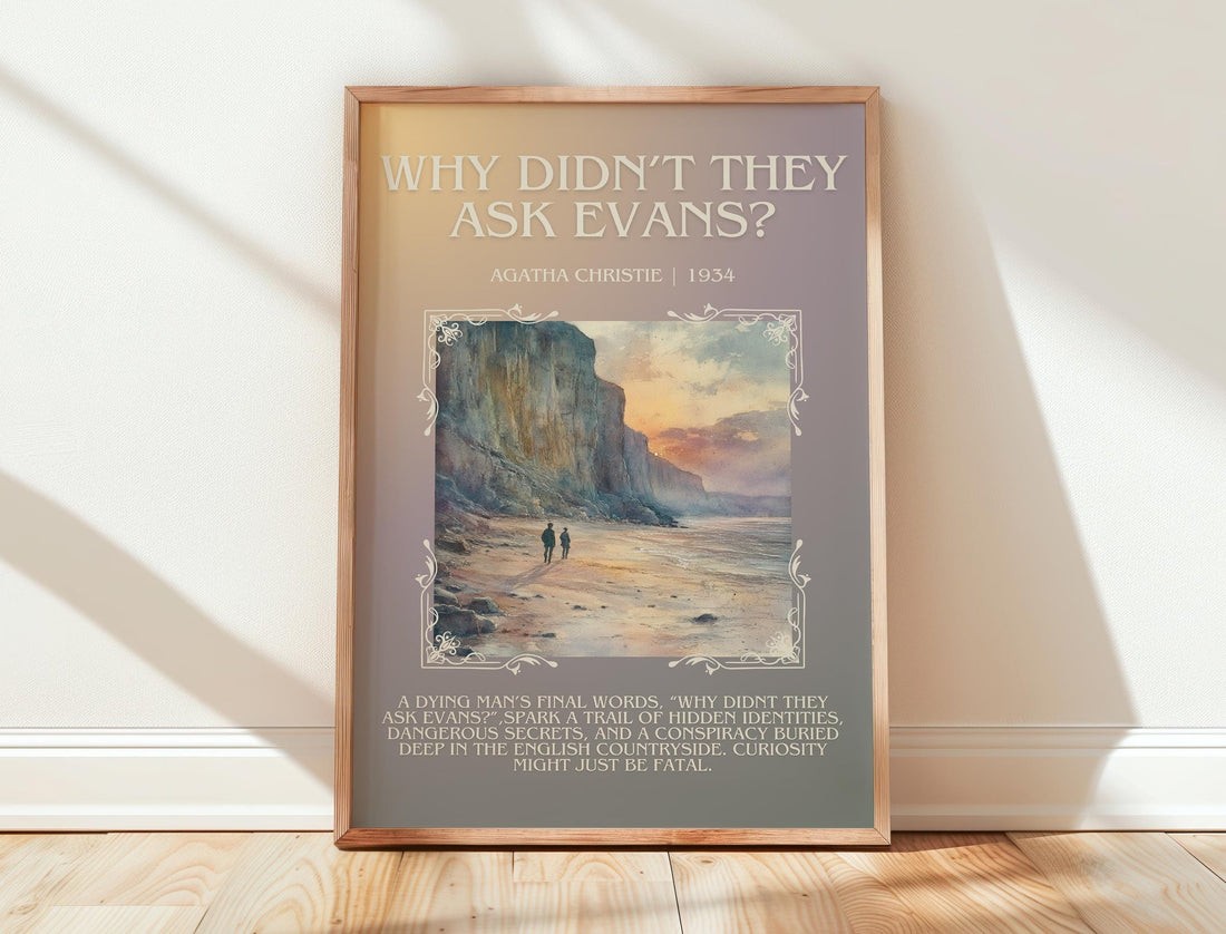 Why Didn't They Ask Evans? minimalist print in frame leaning in hallway – mystery wall art (mockup)