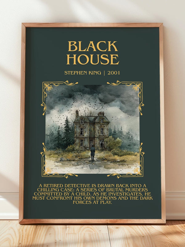 Black House minimalist print in frame leaning in hallway – horror wall art