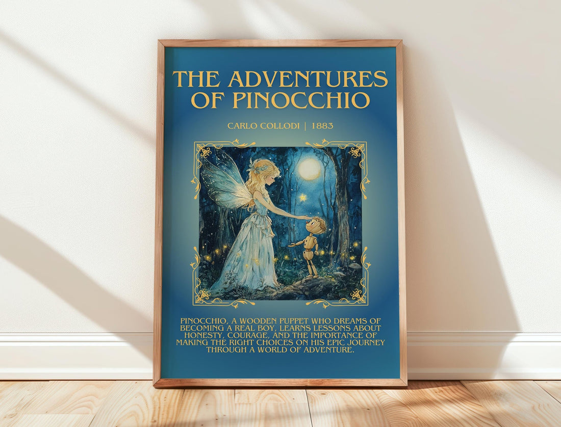 Adventures of Pinocchio minimalist print in frame leaning in hallway – childrens wall art (mockup)
