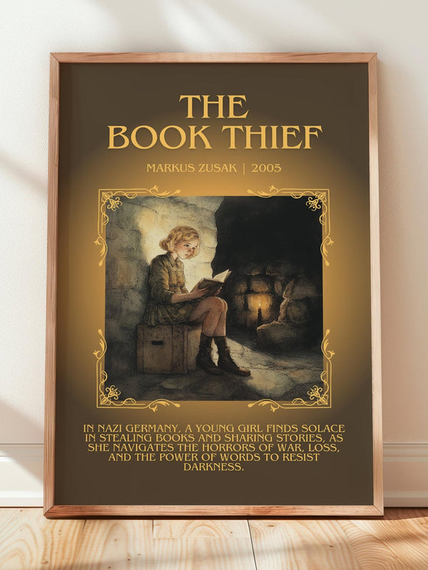 The Book Thief minimalist print in frame leaning in hallway – historical fiction wall art