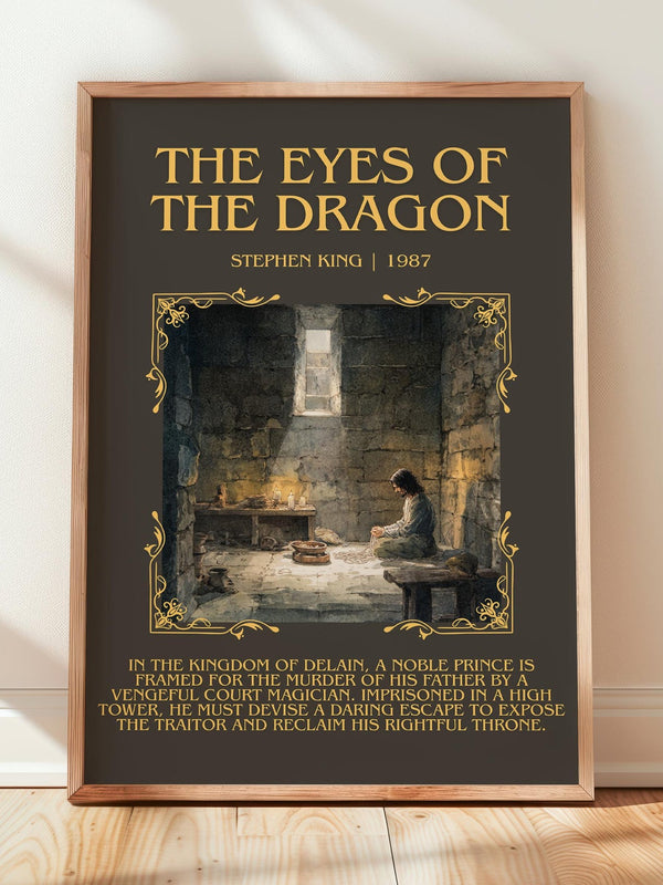 The Eyes Of The Dragon minimalist print in frame leaning in hallway – fantasy wall art