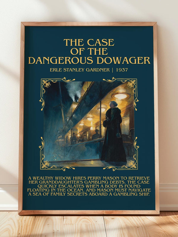 The Case Of The Dangerous Dowager minimalist print in frame leaning in hallway – mystery wall art