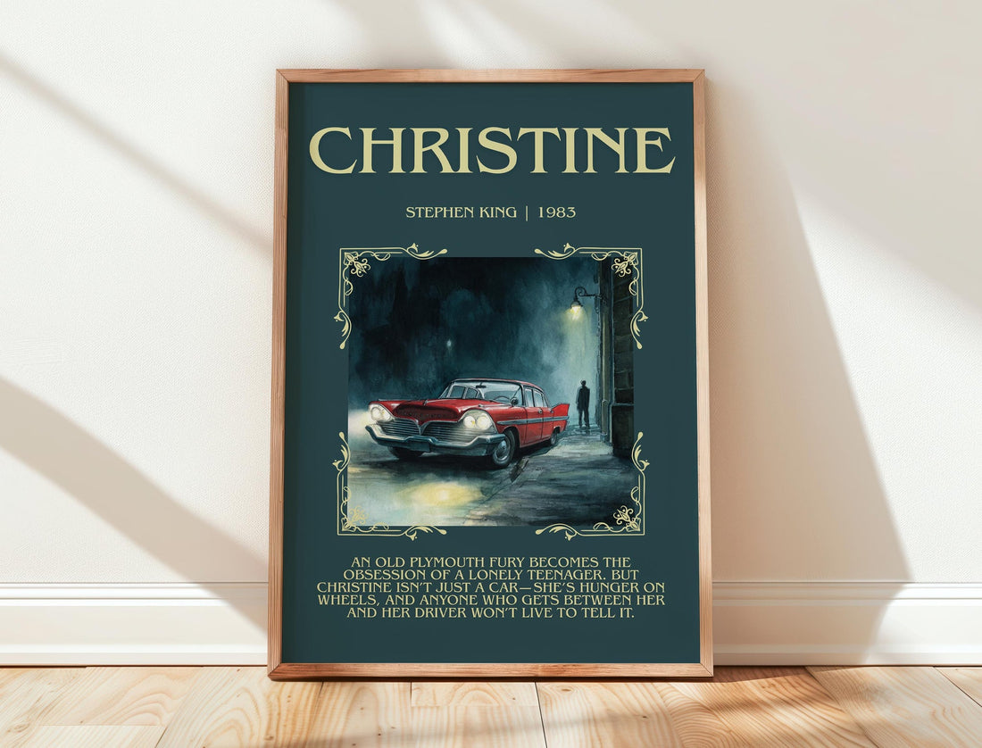 Christine minimalist print in frame leaning in hallway – horror wall art (mockup)