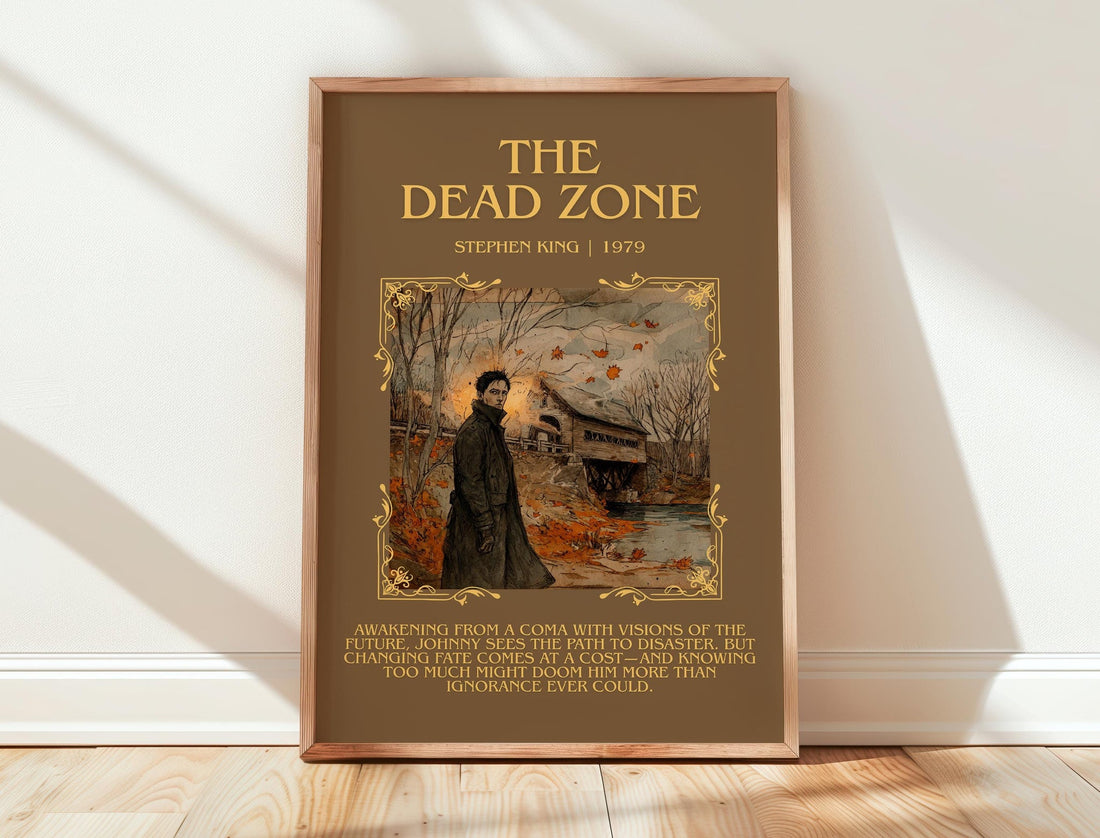 The Dead Zone minimalist print in frame leaning in hallway – thriller wall art (mockup)