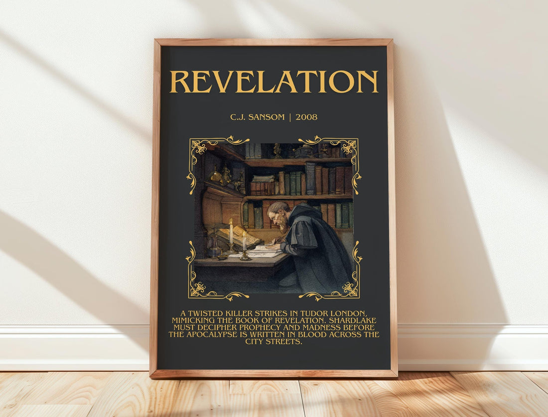 Revelation minimalist print in frame leaning in hallway – historical fiction wall art (mockup)