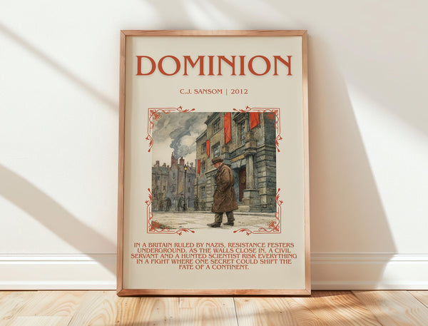 Dominion minimalist print in frame leaning in hallway – historical fiction wall art