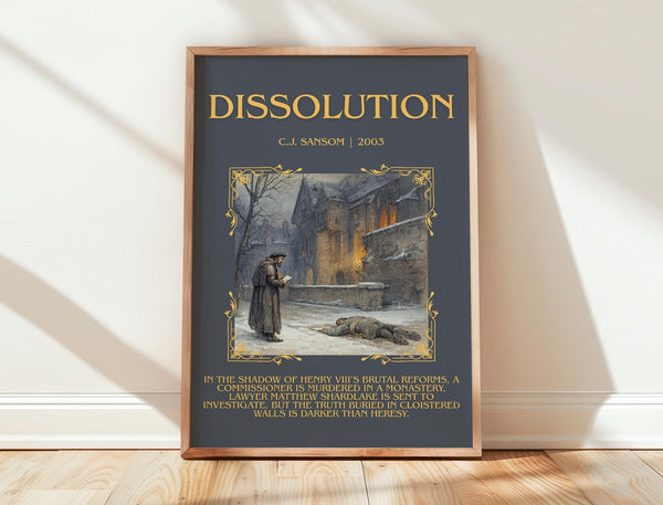 Dissolution minimalist print in frame leaning in hallway – historical fiction wall art