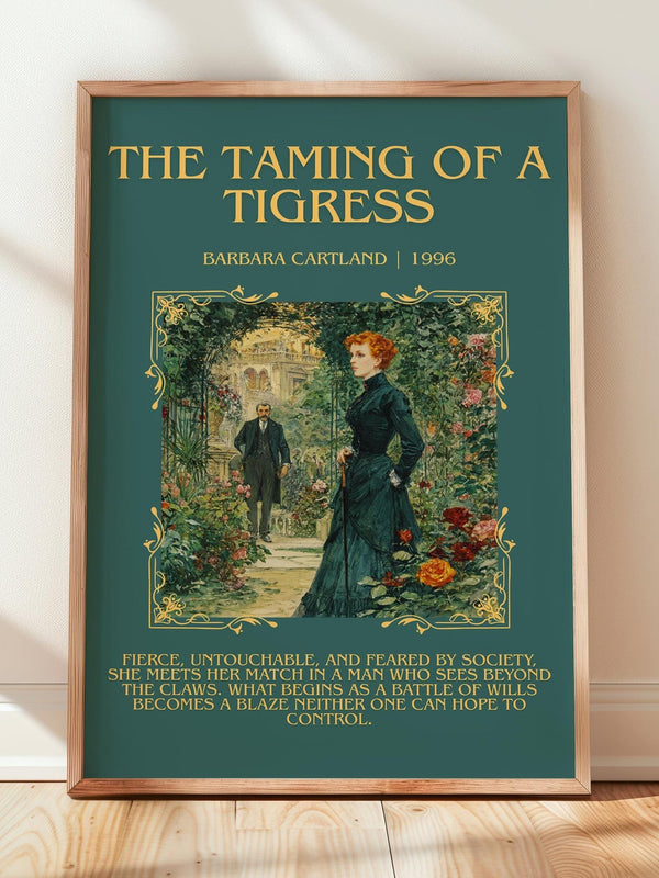 The Taming of a Tigress minimalist print in frame leaning in hallway – romance wall art