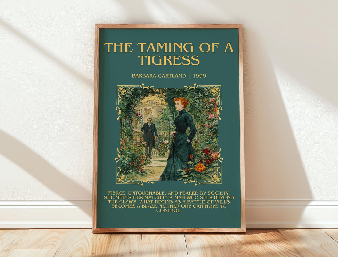 The Taming of a Tigress minimalist print in frame leaning in hallway – romance wall art (mockup)
