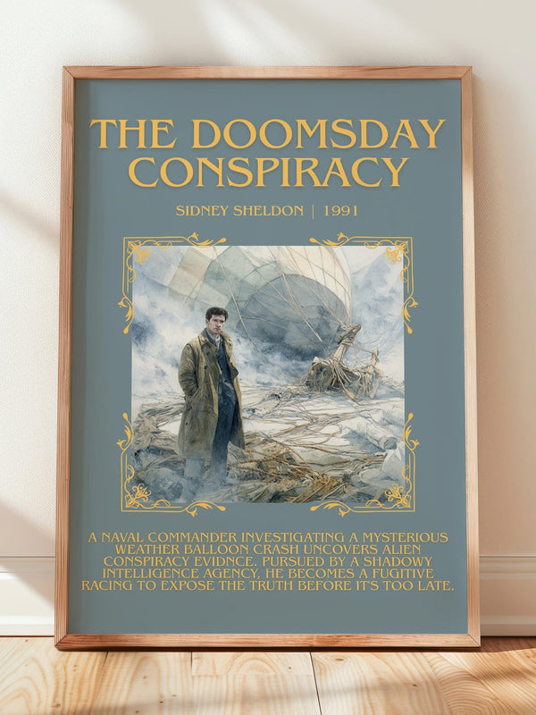 The Doomsday Conspiracy minimalist print in frame leaning in hallway – thriller wall art
