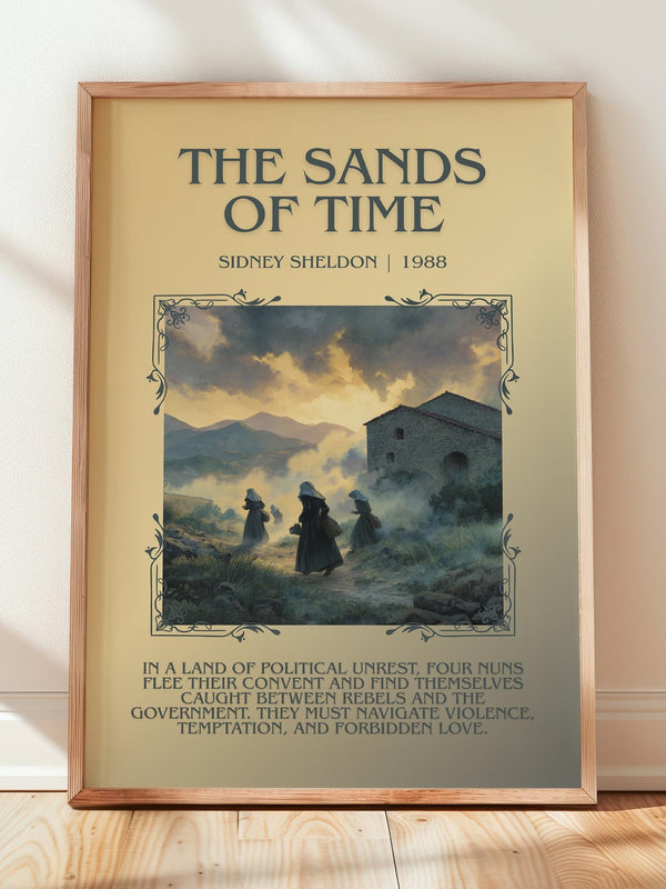 The Sands of Time minimalist print in frame leaning in hallway – thriller wall art