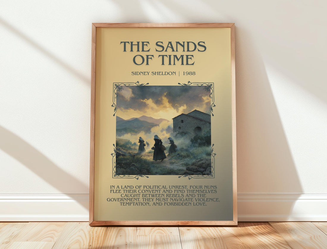 The Sands of Time minimalist print in frame leaning in hallway – thriller wall art (mockup)