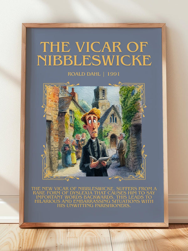 The Vicar of Nibbleswicke minimalist print in frame leaning in hallway – childrens wall art