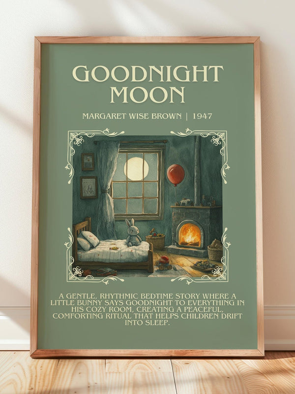 Good Night Moon minimalist print in frame leaning in hallway – childrens wall art