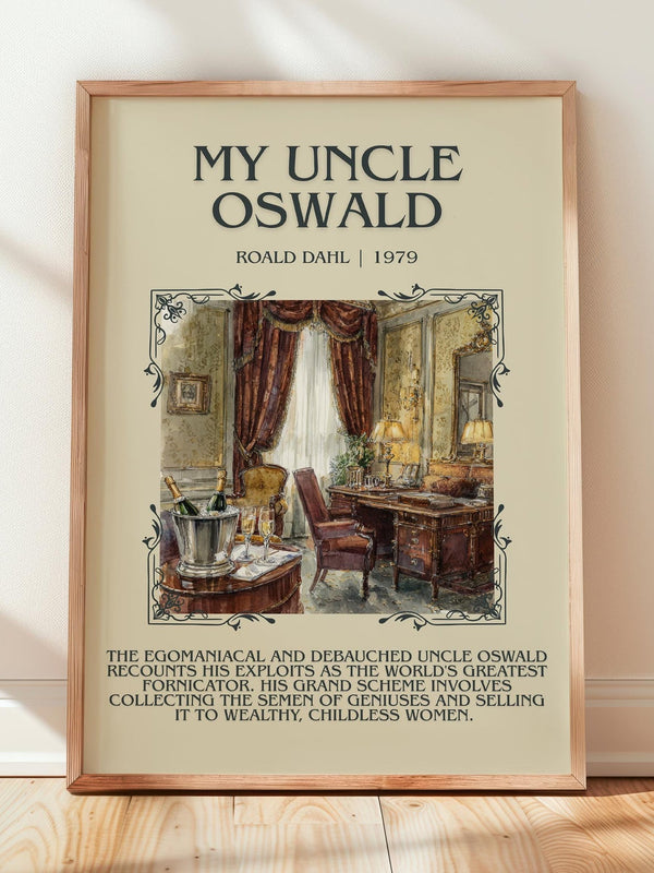 My Uncle Oswald minimalist print in frame leaning in hallway – satire wall art