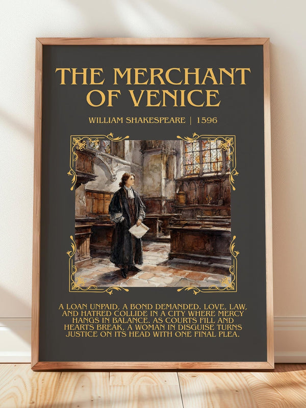 The Merchant of Venice minimalist print in frame leaning in hallway – classic literature wall art
