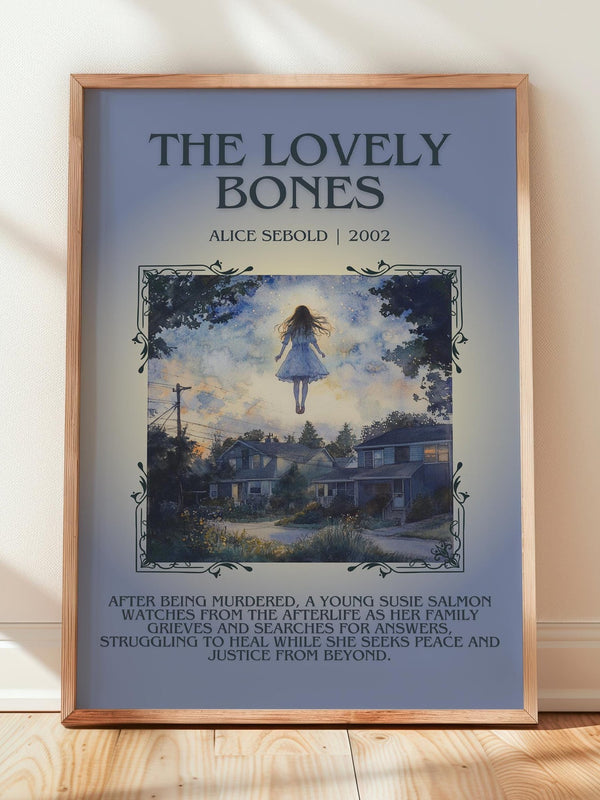 The Lovely Bones minimalist print in frame leaning in hallway – literary fiction wall art
