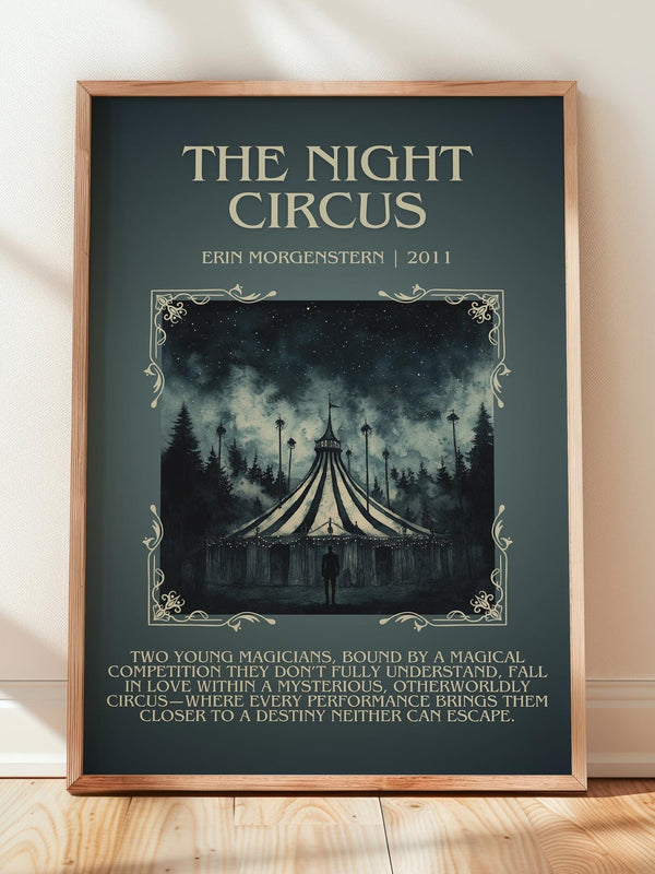 The Night Circus minimalist print in frame leaning in hallway – fantasy wall art