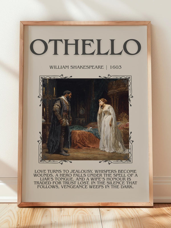 Othello minimalist print in frame leaning in hallway – classic literature wall art