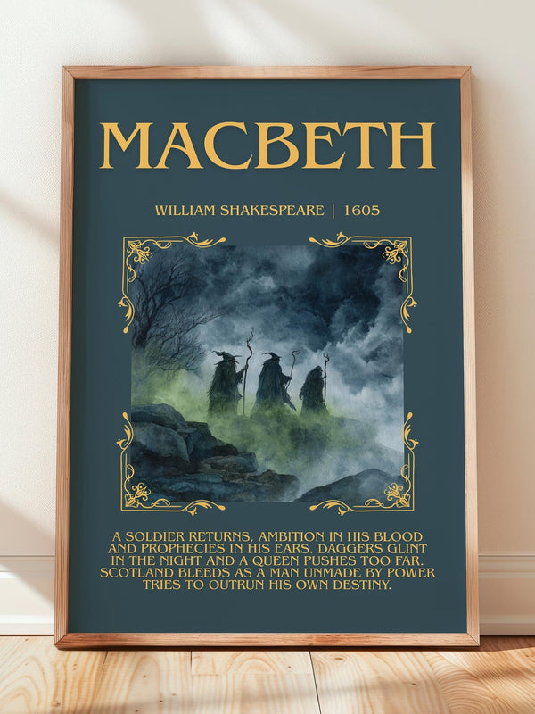 Macbeth minimalist print in frame leaning in hallway – classic literature wall art