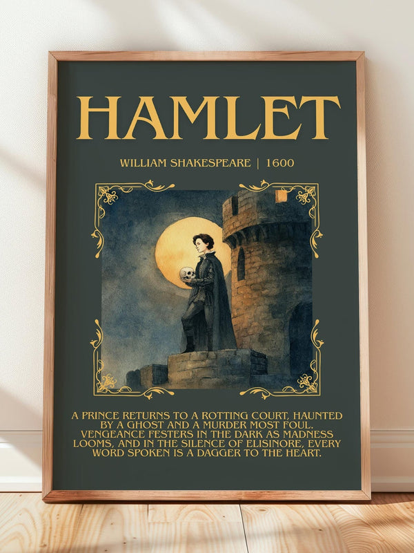Hamlet minimalist print in frame leaning in hallway – classic literature wall art