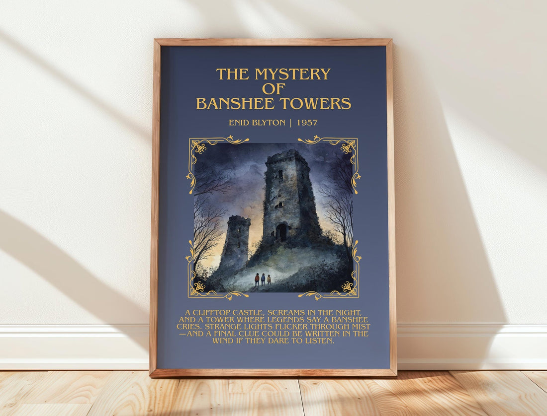 The Mystery Of Banshee Towers minimalist print in frame leaning in hallway – childrens wall art (mockup)