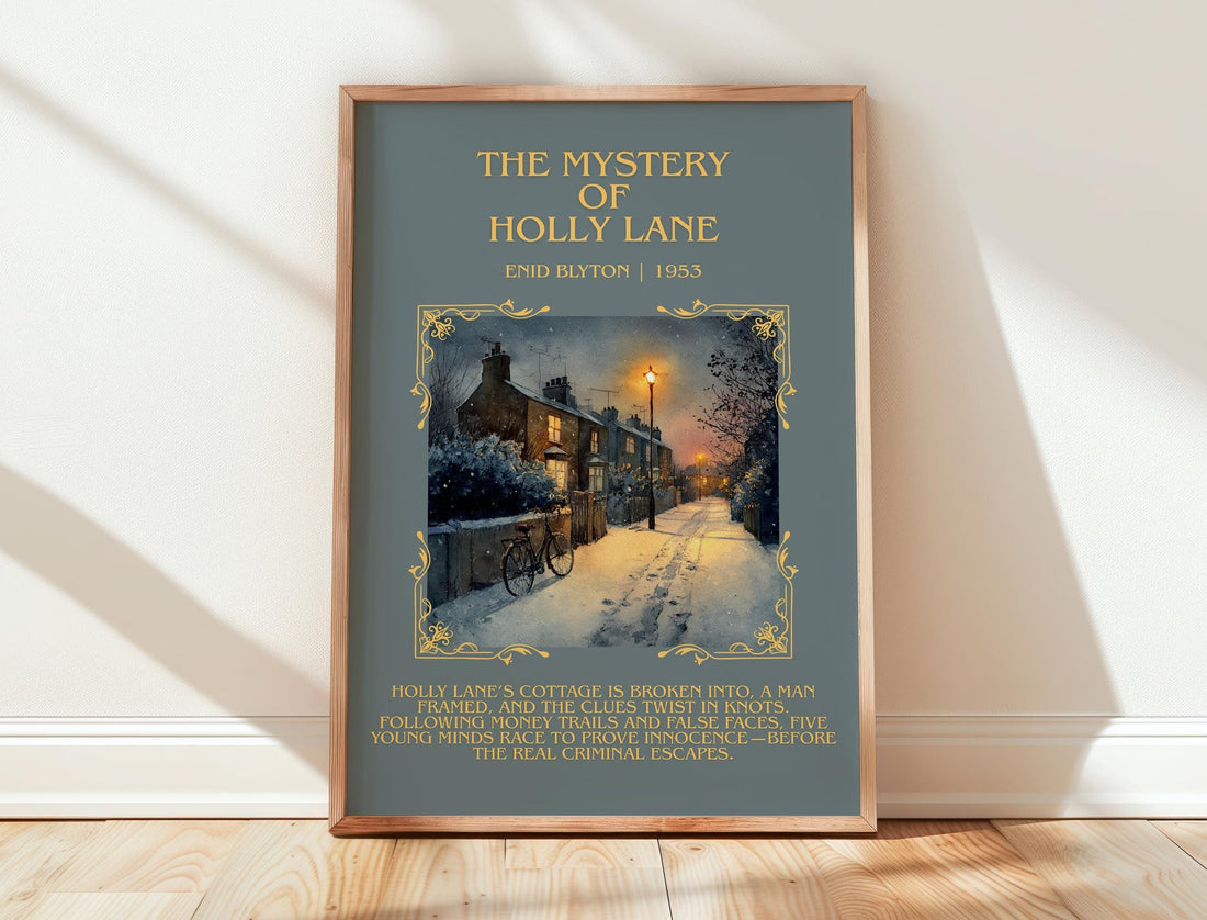 The Mystery of Holly Lane minimalist print in frame leaning in hallway – childrens wall art (mockup)