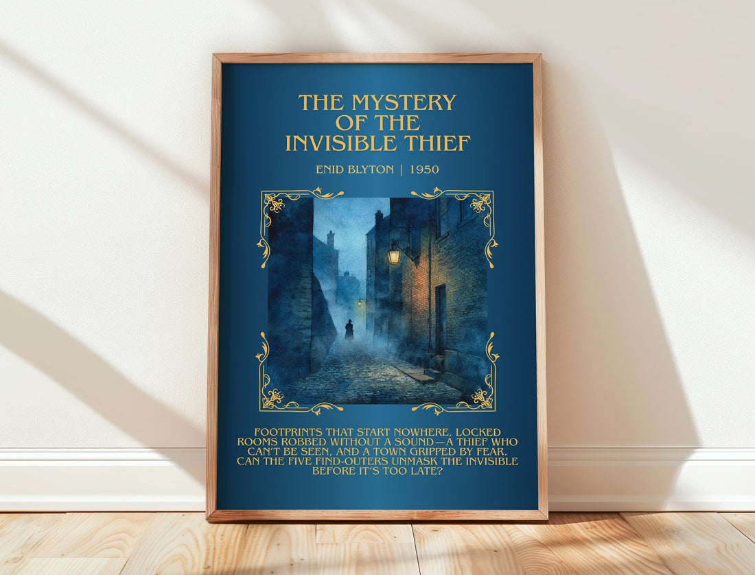 The Mystery of the Invisible Thief minimalist print in frame leaning in hallway – mystery wall art (mockup)