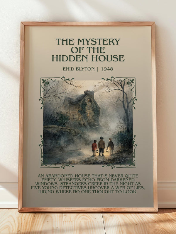 The Mystery Of The Hidden House minimalist print in frame leaning in hallway – childrens wall art