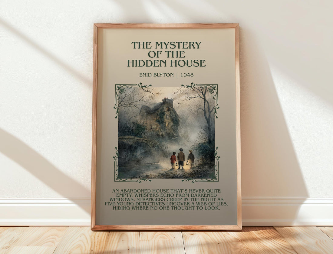 The Mystery Of The Hidden House minimalist print in frame leaning in hallway – childrens wall art (mockup)