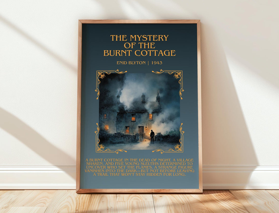 The Mystery of the Burnt Cottage minimalist print in frame leaning in hallway – mystery wall art (mockup)